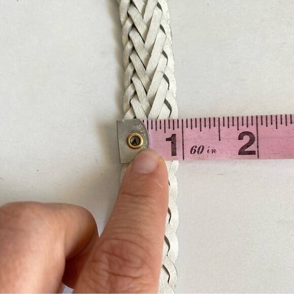 Vintage White Woven Leather Belt Braided Silver Tone Buckle Medium Large 90s Y2K